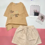 Đồ bộ quần đùi caroo áo tay ngắn in hình hoa