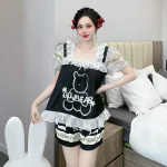 Đồ bộ quần đùi latin áo cổ vuông viền ren in hình dể thương