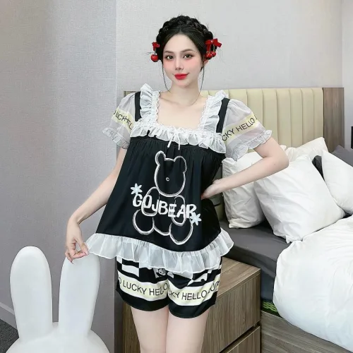 Đồ bộ quần đùi latin áo cổ vuông viền ren in hình dể thương