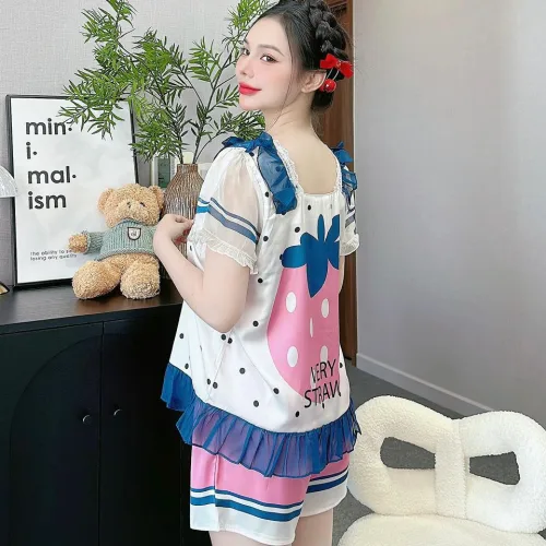Đồ bộ quần đùi latin áo cổ vuông viền ren in hình dể thương
