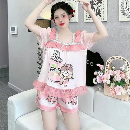 Đồ bộ quần đùi latin áo cổ vuông viền ren in hình dể thương