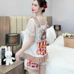 Đồ bộ quần đùi latin áo cổ vuông viền ren in hình dể thương