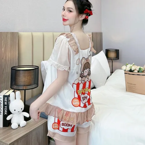Đồ bộ quần đùi latin áo cổ vuông viền ren in hình dể thương