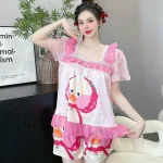 Đồ bộ quần đùi latin áo cổ vuông viền ren in hình dể thương