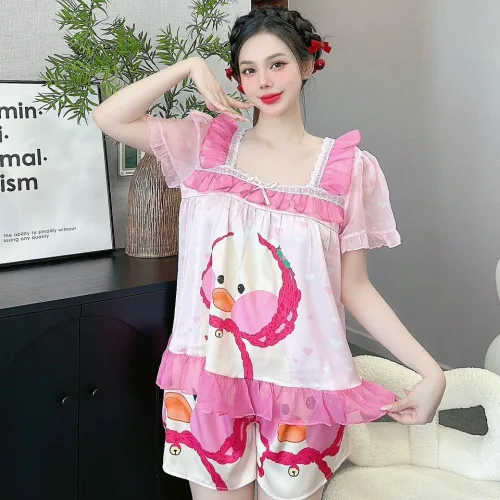 Đồ bộ quần đùi latin áo cổ vuông viền ren in hình dể thương