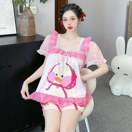 Đồ bộ quần đùi latin áo cổ vuông viền ren in hình dể thương