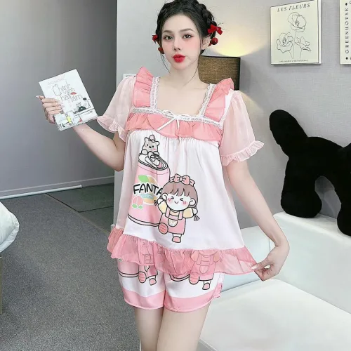 Đồ bộ quần đùi latin áo cổ vuông viền ren in hình dể thương