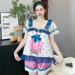 Đồ bộ quần đùi latin áo cổ vuông viền ren in hình dể thương