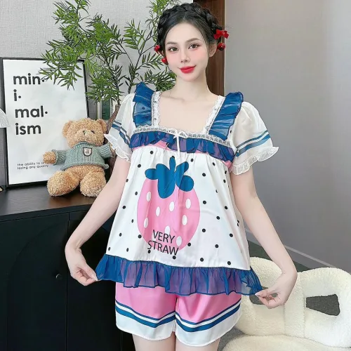 Đồ bộ quần đùi latin áo cổ vuông viền ren in hình dể thương