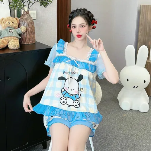 Đồ bộ quần đùi latin áo cổ vuông viền ren in hình dể thương