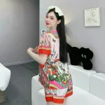 Đồ bộ quần đùi latin áo cổ vuông viền ren nơ in hình dể thương