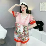 Đồ bộ quần đùi latin áo cổ vuông viền ren nơ in hình dể thương