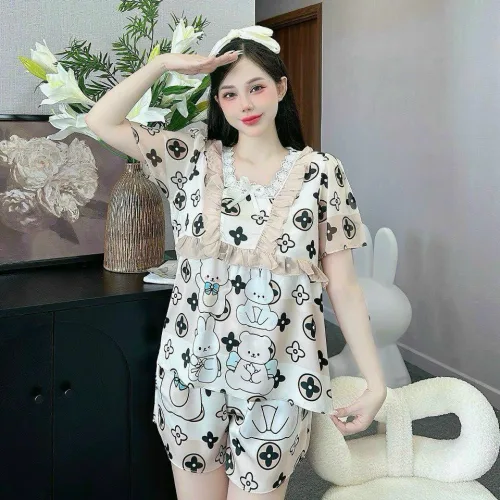 Đồ bộ quần đùi latin áo cổ vuông viền ren nơ in hình dể thương