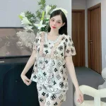 Đồ bộ quần đùi latin áo cổ vuông viền ren nơ in hình dể thương