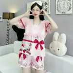 Đồ bộ quần đùi latin áo cổ vuông viền ren nơ in hình dể thương