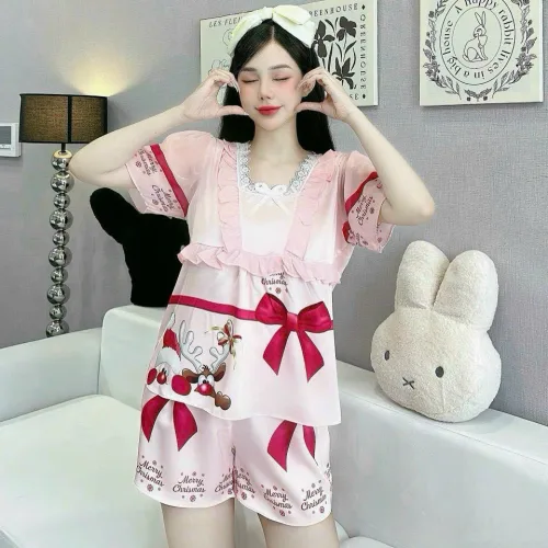 Đồ bộ quần đùi latin áo cổ vuông viền ren nơ in hình dể thương