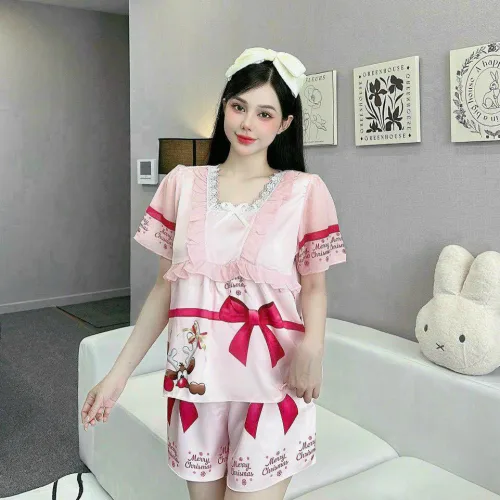 Đồ bộ quần đùi latin áo cổ vuông viền ren nơ in hình dể thương