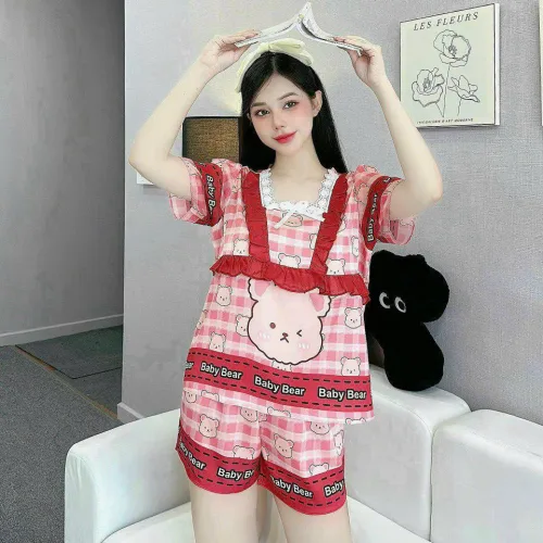 Đồ bộ quần đùi latin áo cổ vuông viền ren nơ in hình dể thương