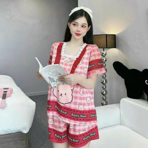 Đồ bộ quần đùi latin áo cổ vuông viền ren nơ in hình dể thương