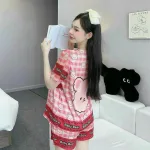 Đồ bộ quần đùi latin áo cổ vuông viền ren nơ in hình dể thương