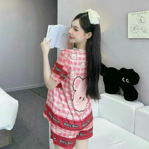Đồ bộ quần đùi latin áo cổ vuông viền ren nơ in hình dể thương
