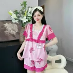 Đồ bộ quần đùi latin áo cổ vuông viền ren nơ in hình dể thương