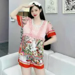 Đồ bộ quần đùi latin áo cổ vuông viền ren nơ in hình dể thương
