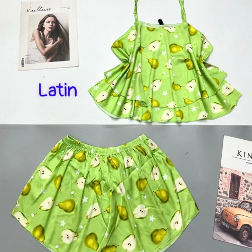 Đồ bộ quần đùi latin áo  dây hai tầng in hình dể thương