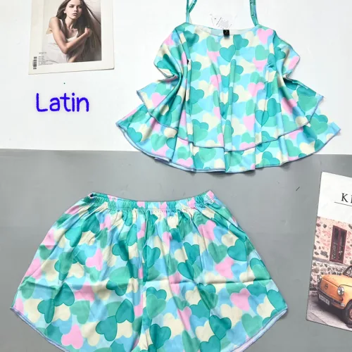 Đồ bộ quần đùi latin áo  dây hai tầng in hình dể thương