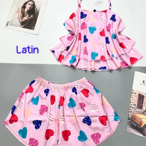 Đồ bộ quần đùi latin áo  dây hai tầng in hình dể thương