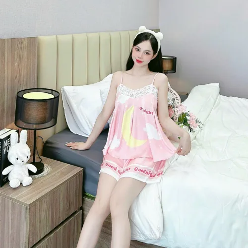 Đồ bộ quần đùi  latin áo hai dây 2 có ren in hình dễ thương