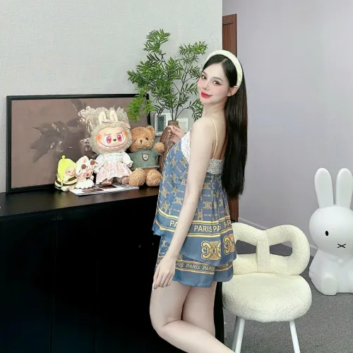Đồ bộ quần đùi  latin áo hai dây 2 có ren in hình dễ thương