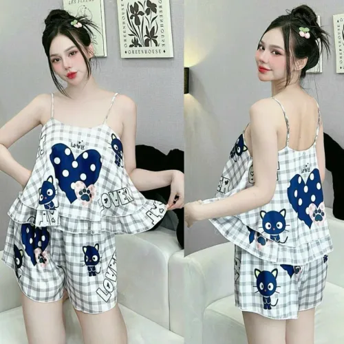 Đồ bộ quần đùi  latin áo hai dây 2 tầng nhiều hình dễ thương