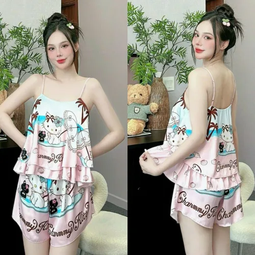 Đồ bộ quần đùi  latin áo hai dây 2 tầng nhiều hình dễ thương