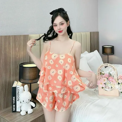Đồ bộ quần đùi latin áo hai dây tầng in hình dể thương