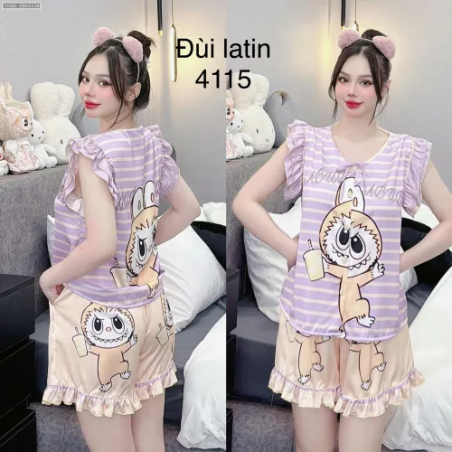 Đồ bộ quần đùi latin áo tay bèo hình labubu
