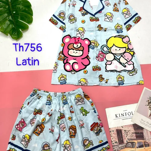 Đồ bộ quần đùi latin áo tay ngắn cổ bẻ in nhiều hình dễ thương