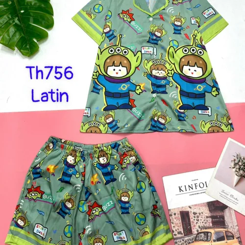 Đồ bộ quần đùi latin áo tay ngắn cổ bẻ in nhiều hình dễ thương