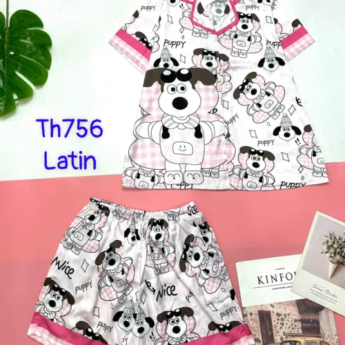 Đồ bộ quần đùi latin áo tay ngắn cổ bẻ in nhiều hình dễ thương