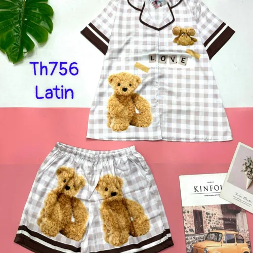 Đồ bộ quần đùi latin áo tay ngắn cổ bẻ in nhiều hình dễ thương