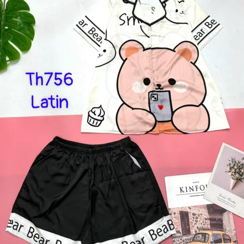 Đồ bộ quần đùi latin áo tay ngắn cổ bẻ in nhiều hình dễ thương