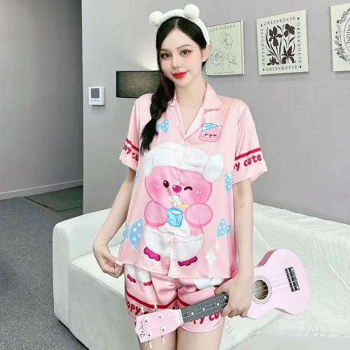 Đồ bộ quần đùi  latin áo tay ngắn cổ bẻ in nhiều hình lớn