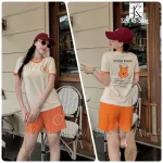 Đồ bộ quần đùi màu của viền áo tay ngắn in chữ pooh pooh gấu