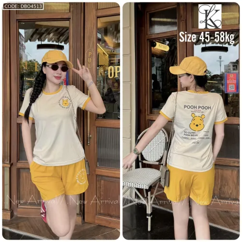 Đồ bộ quần đùi màu của viền áo tay ngắn in chữ pooh pooh gấu