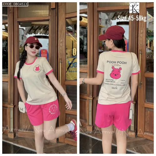Đồ bộ quần đùi màu của viền áo tay ngắn in chữ pooh pooh gấu
