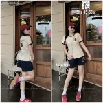 Đồ bộ quần đùi màu của viền áo tay ngắn in chữ pooh pooh gấu