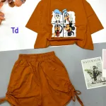 Đồ bộ quần đùi rút dây áo croptop cổ tròn in hình thú