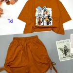 Đồ bộ quần đùi rút dây áo croptop cổ tròn in hình thú