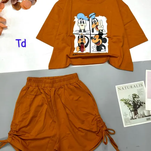 Đồ bộ quần đùi rút dây áo croptop cổ tròn in hình thú