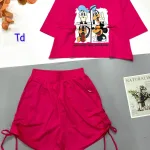 Đồ bộ quần đùi rút dây áo croptop cổ tròn in hình thú